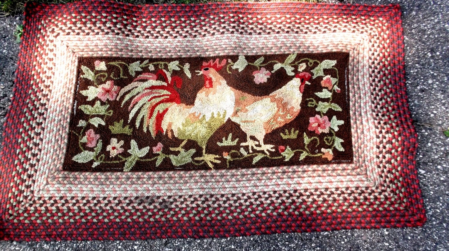RUG French Country Antique Rooster rug 1/2 Braid 1/2 Hook