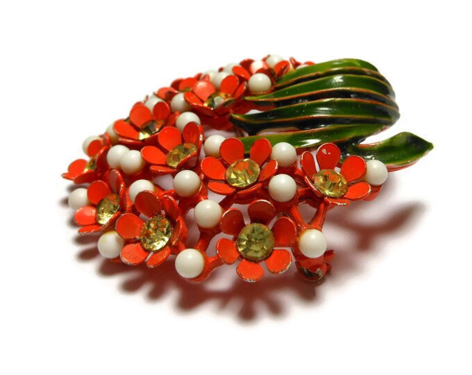 FREE SHIPPING Orange bouquet brooch, vibrant floral pin, orange flowers, yellow rhinestones with white beads and topped with green leaves