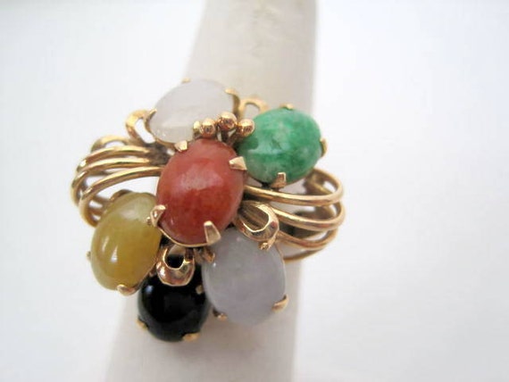 Multi Stone Jade Ring - 14K Gold Cluster - Size 6.5 - Collectible Jade Butterfly