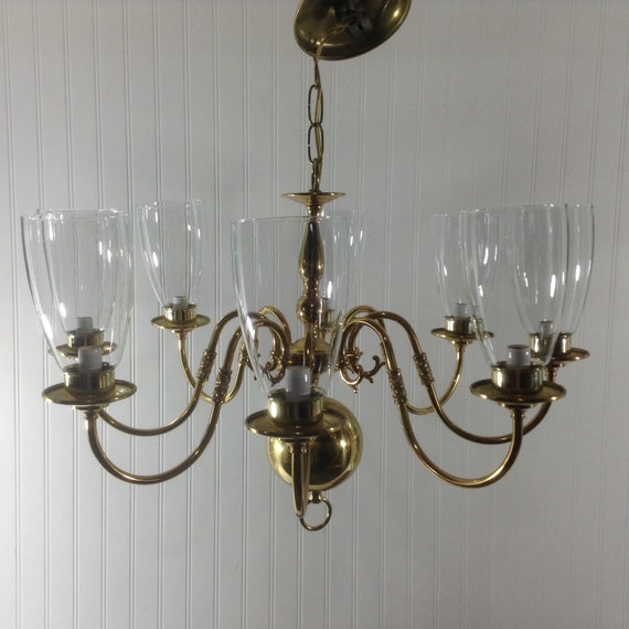 Vintage Solid Brass 8 Light Chandelier Glass Globes See