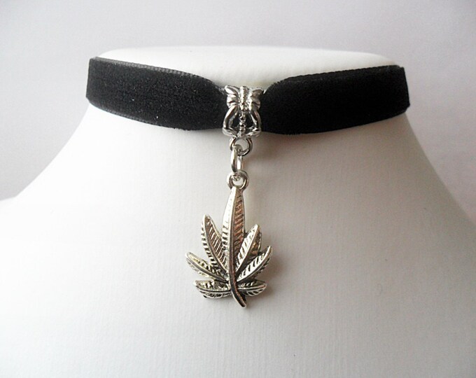 Velvet choker necklace with weed pendant and a width of 3/8”Black, Ribbon Choker Necklace