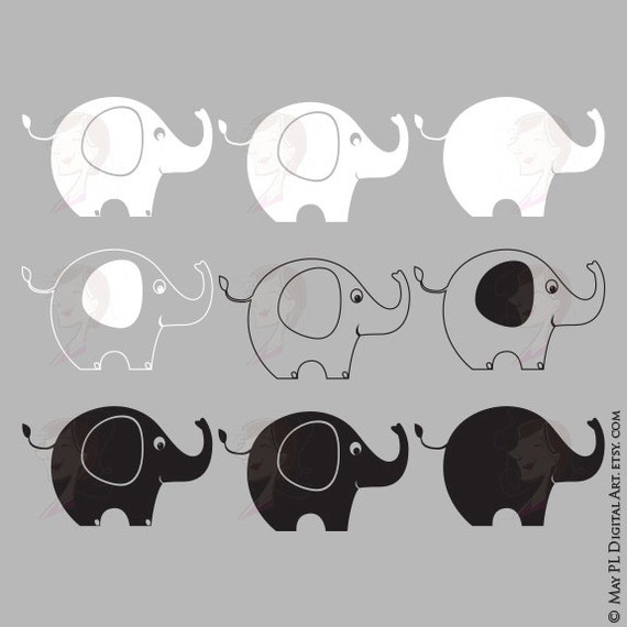 Elephant Digital Stamp Animal Silhouette and Outline SVG