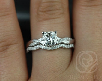 Tressa 6mm 14kt White Gold Cushion F1- Moissanite and Diamonds Twist Wedding Set(Other Metals and Stone Options Available)