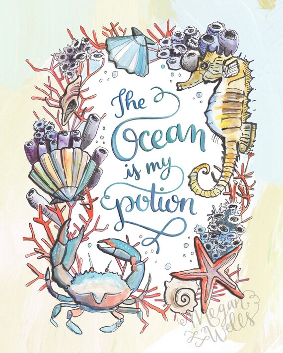 The Ocean is my Potion Makewells Art Print Sea Creatures