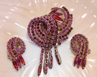 Pink and Red Rhinestone Juliana Brooch and Matching Clip Earrings