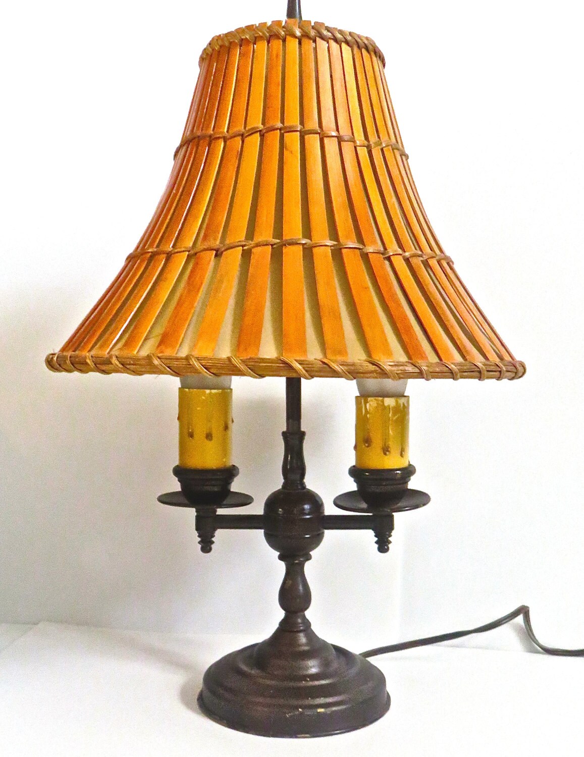 Vintage Double Bulb Desk Lamp and Rattan Shade 1940s Den
