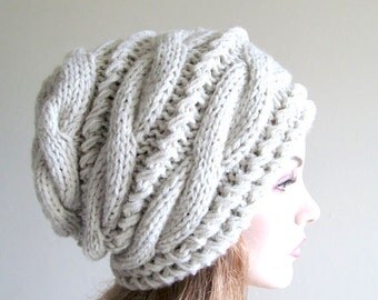 Slouchy Beanie Slouch Hats Oversized Baggy Gray cabled hat womens Fall Winter accessory Grey Heather Hand Made Knit