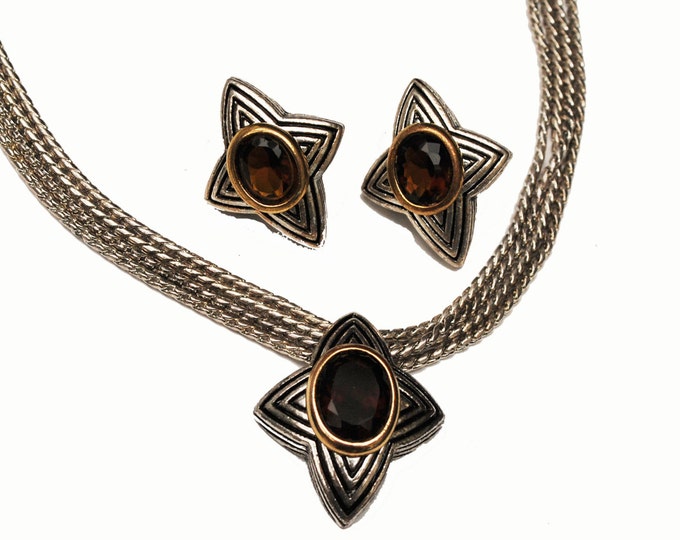 Avon Star Necklace earring set - amber brown glass - Star - silver and gold tone metal - pierced earrings