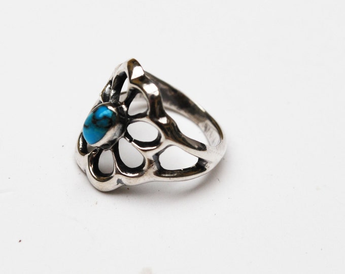 Sterling Ring Turquoise Flower - Sterling silver filigree - Ring size 5 - old pawn