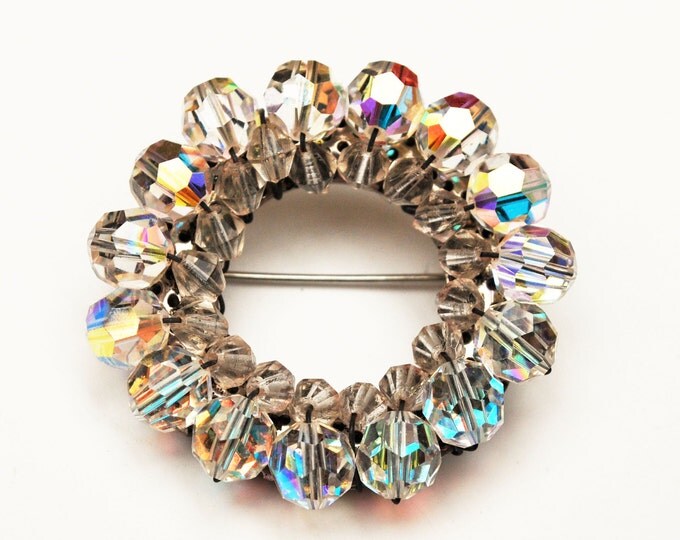 Crystal Bead Brooch Aurora Borealis glass Wreath pin