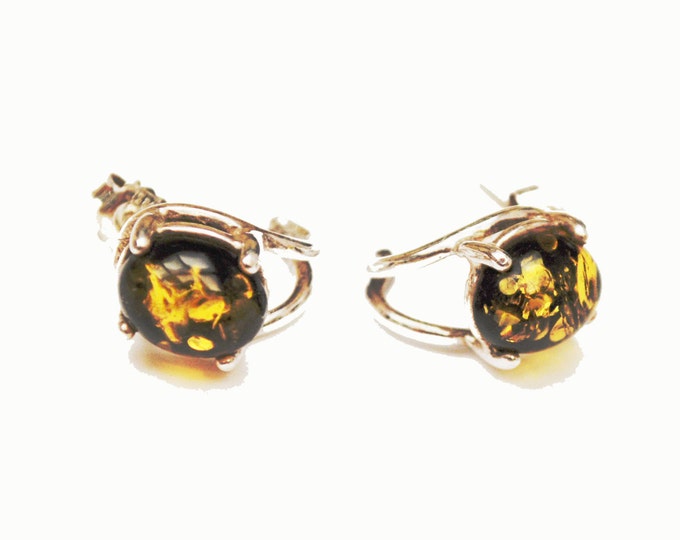 Amber Sterling Earrings pierced stud with half hoop