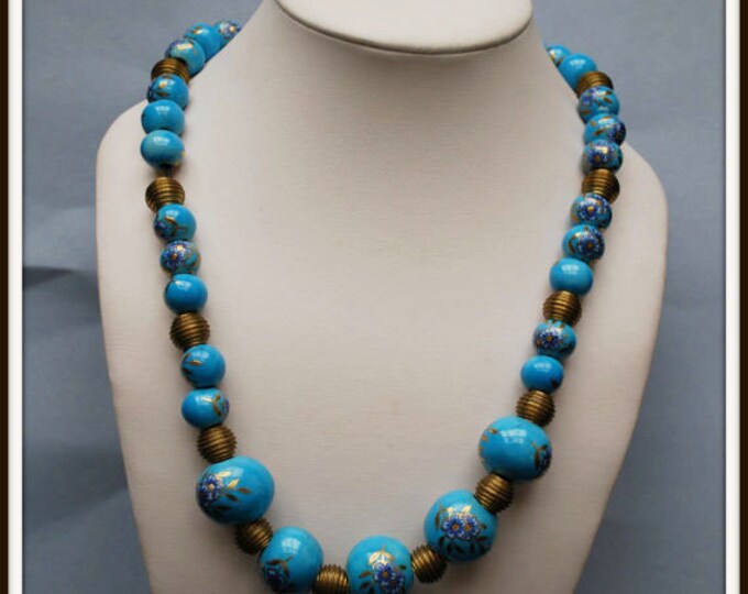 Brass and Blue Bead Necklace - Ceramic Blue - Floral flower Bead Boho