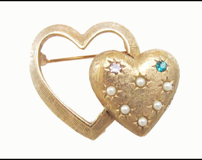 Double heart Brooch - Signed Emmons - Pearls and rhinestones