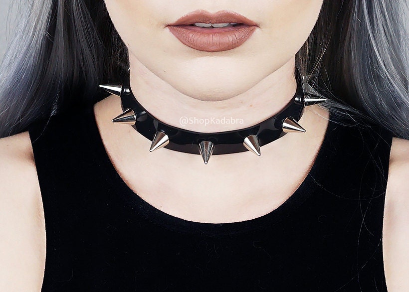 Spiked Choker Collar Black Vinyl Choker Silver By Shopkadabra 