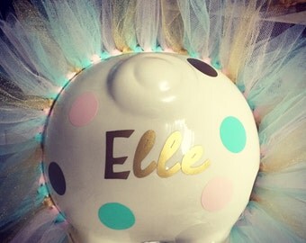 Personalized Jumbo Piggy Bank with tutu, spots and bow