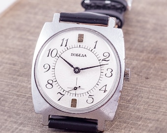 SALE mens dress watch, Pobeda watch, elegant watch, classy watch, retro mens watch, mechanical watch, vintage watch, black strap watch
