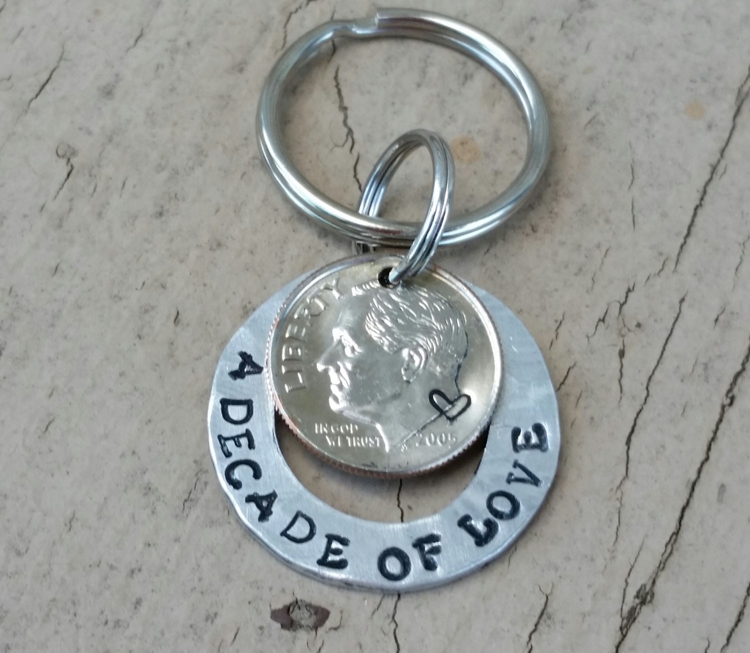 10 Year Anniversary stamped Dime Keychain handstamped