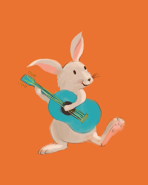 Dancing Bunny Playing Guitar Art Print Animal Music Party