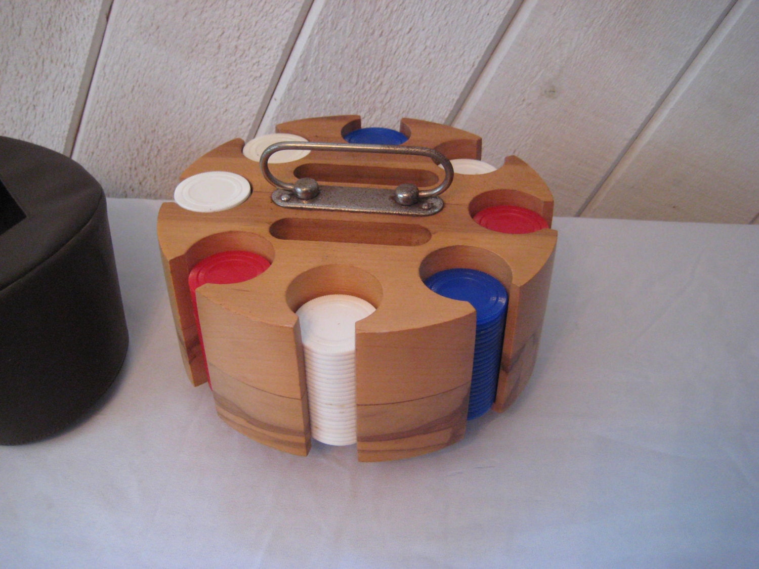 Vintage poker chips carousel rotating wood caddy vintage