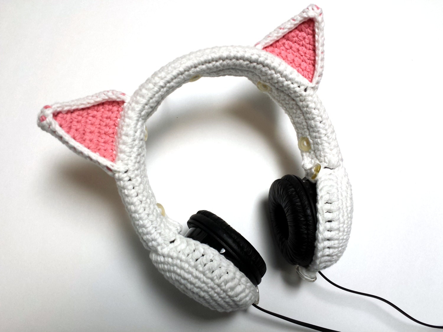 COVER ONLY White Cat Ears Crochet Headphones Cover Cotton