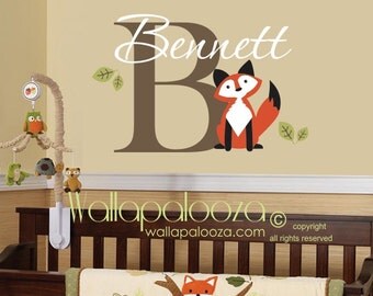 Fox wall decal - fox wall art - fox nursery wall decal - custom fox decal - custom name wall decal - Nursery wall decal - Nursery wall art