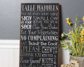 wooden sign,kitchen wall decor, table manners, subway art, wall hanging