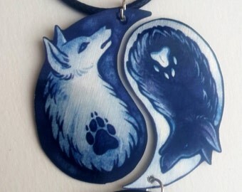 Black White Yin Yang Wolf Canine Dog Spiritual Duality Pair Bond Friendship Couple Valentine Metal Necklace Pendant