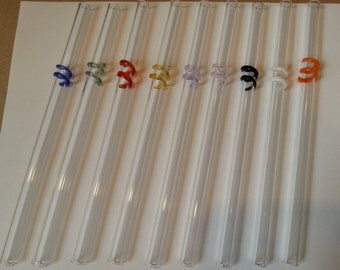 Glass Straws with color squiggle, Set of 6, 10 mm x 200 mm, straight
