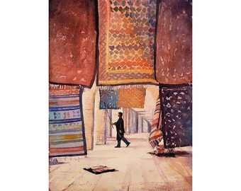 Tunisian man dusting off Persian rugs at shop in Saharan oasis town of Tozeur- Tunisia. Art Tunisia watercolor painting carpet wall print