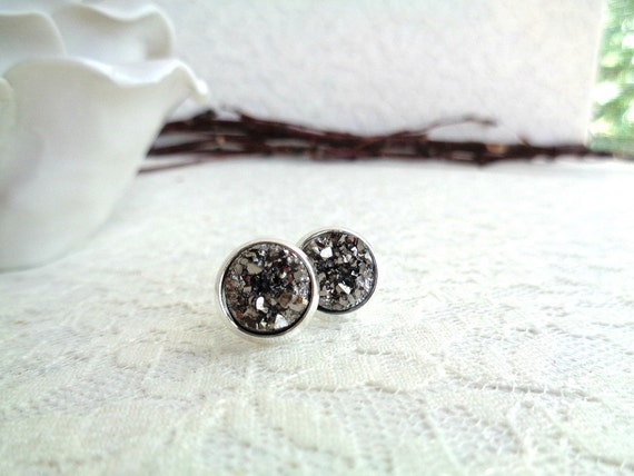 Gunmetal Druzy Studs - 10mm - Faux Druzy - Gypsy - Trendy - Bohemian