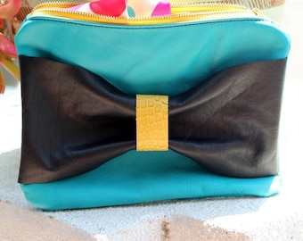Teal Leather Clutch with Black Bow - Teal Leather Bag - Zipper Leather Clutch with Bow