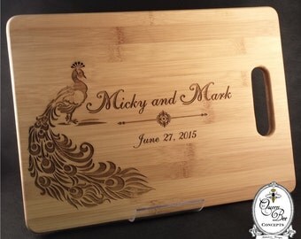 Peacock Bamboo Cutting Board-2 sizes- Wedding Gift-Personalized Bamboo Cutting Board - Custom Cutting Board - Engraved Cutting Board-Natural