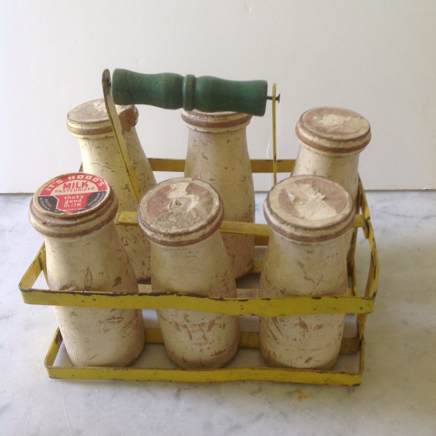 Vintage Wooden Milk Bottles 6 in yellow metal crate