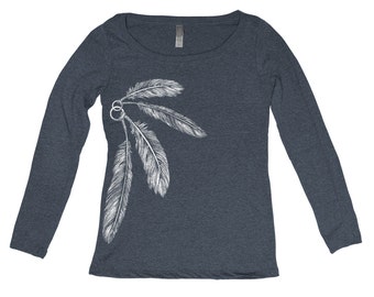 Women's Feather Tri Blend Long Sleeve Scoop Neck Hand Screen Print S,M,L,Xl 6 Colors