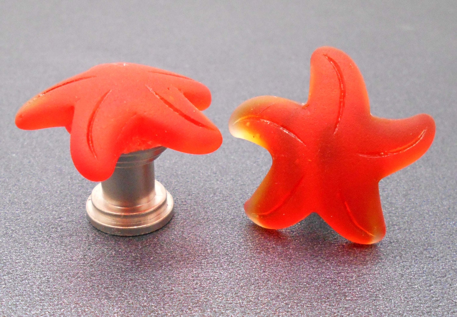 Beach Glass Orange Starfish Knobs Set of 2 Stone