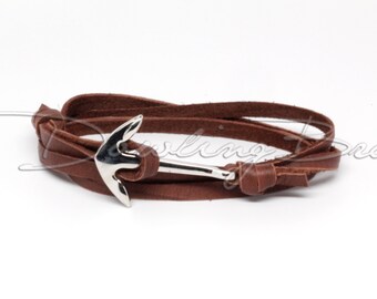 Nautical Anchor Bracelet on Chocolate Leather for Men or Women