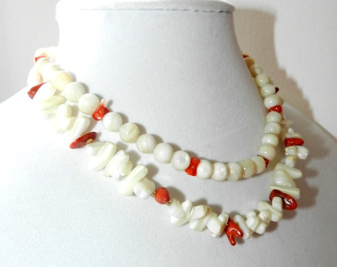 Lot Vintage Shell Necklaces, Mother of Pearl and Coral Chipped Beaded Necklaces, Jewelry Lot, Beach Boho Hippie Necklaces