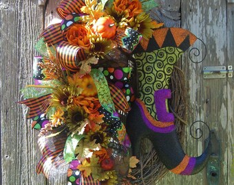Halloween Witch Boot Wreath, Glittered witch boot, Halloween Grapevine, Halloween Witch Wreath