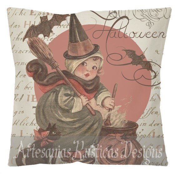 Items similar to Halloween Pillow Little Witch Black Cat Bats Alchemy