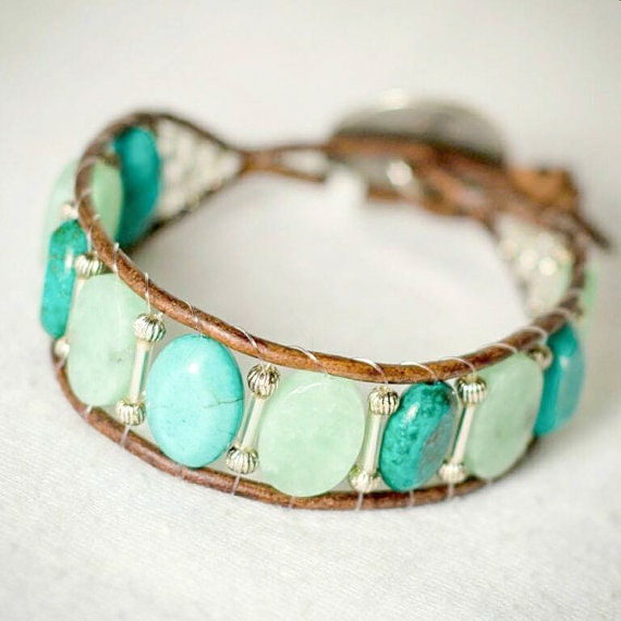 Items similar to Turquoise and Jade Leather Wrap Bracelet Country