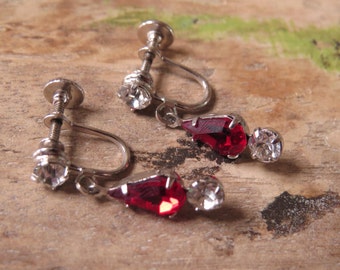Vintage Red Rhinestone Earrings Crystal Clear Red Silver Jewelry Repurpose Reuse Wear