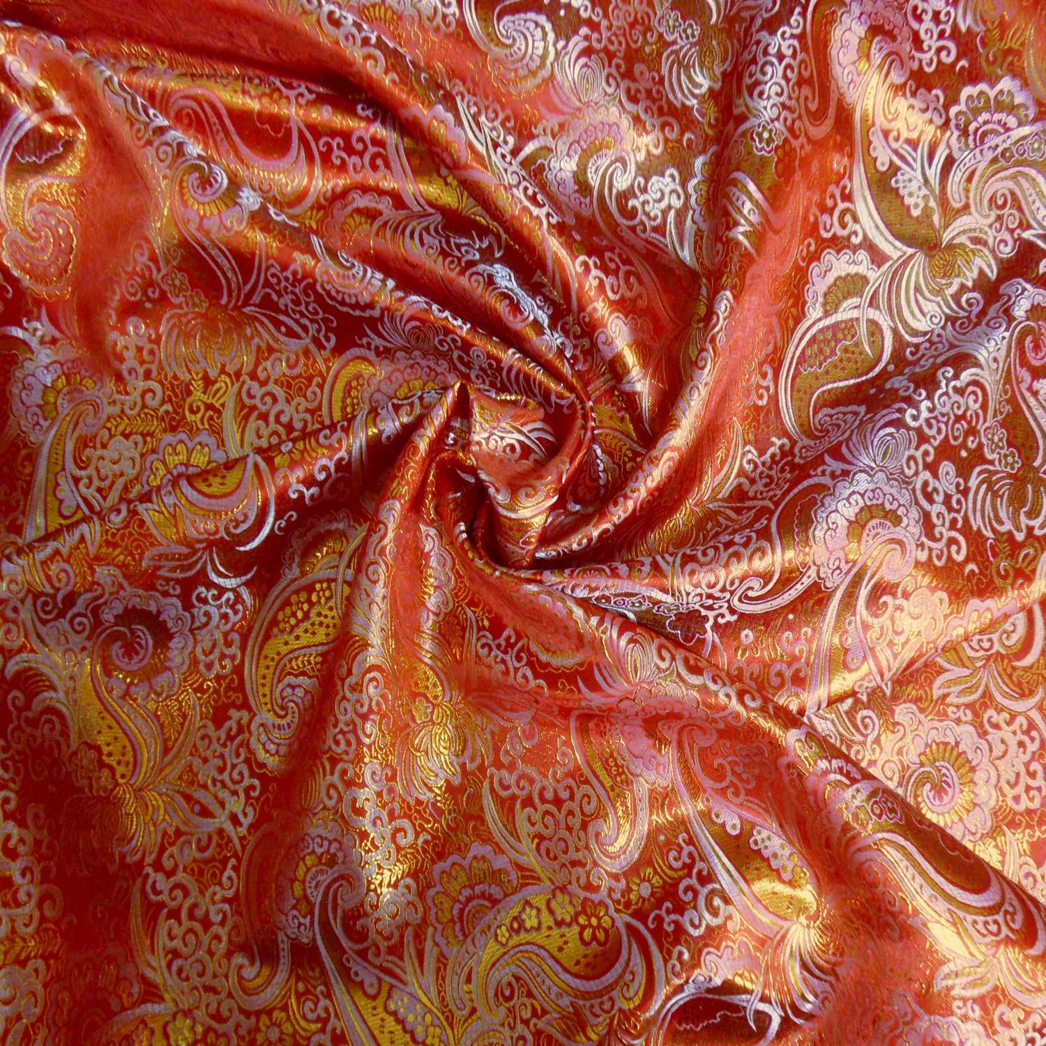 Hot Red Chinese Brocade Silk Fabric 53 inch W By The Yard or