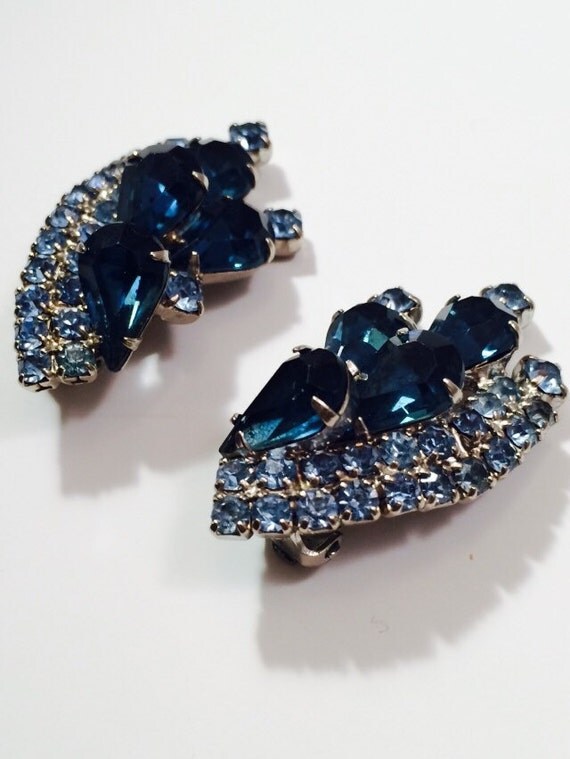 Vintage Blue Teardrop Rhinestone Ear Climber Clipon Earrings