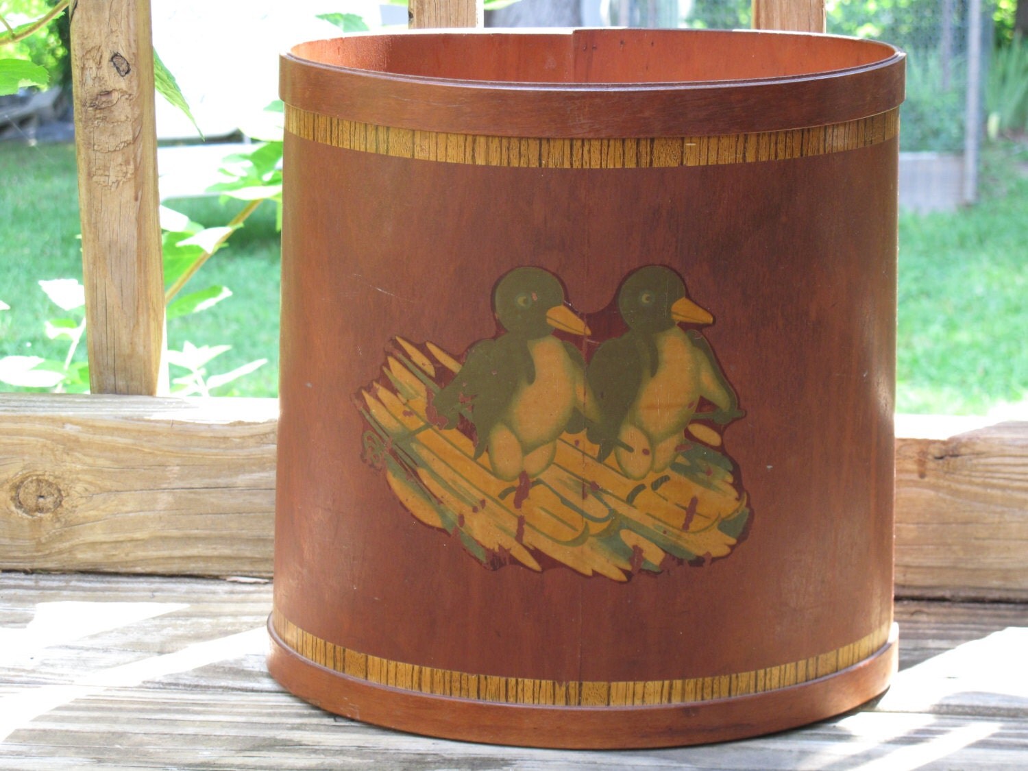 Vintage Wooden Waste Basket with Penguins Haute Juice