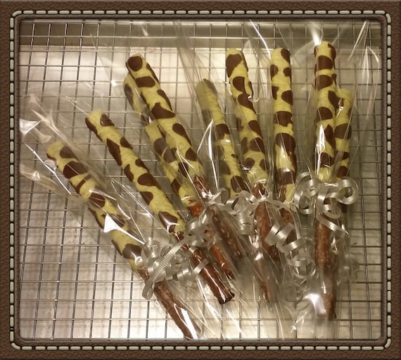 Giraffe animal print inspired chocolate dipped pretzels