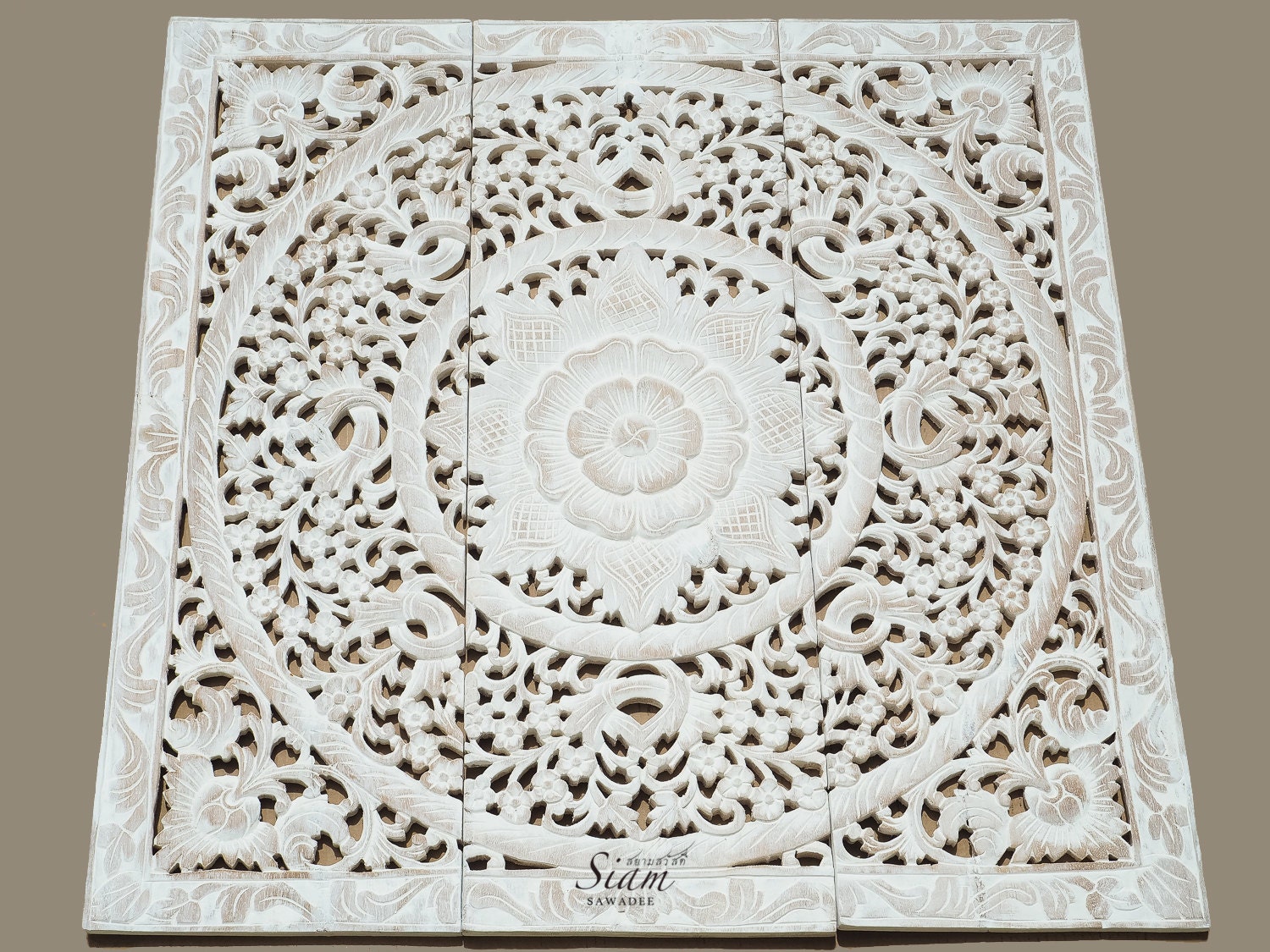 White Washed Carved Wood Wall Art Panel. Floral by SiamSawadee