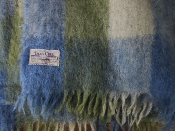 Glen Cree 100% mohair blanket / made in Scotland / blues and