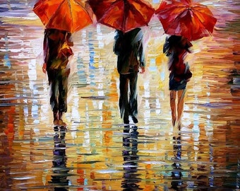 Figurative Oil Painting Brown Fine Arts On Canvas By Leonid Afremov - Three Red Umbrellas