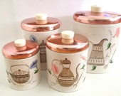 Fantastic Canister Set Kitchen Flour Sugar Containers Teapots Morning Glories 1950s Farmhouse