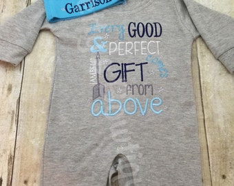 Baby Boy Coming Home Outfit -- Every good and perfect gift comes from above James 1:17 Romper & Hat with Embroidered Name